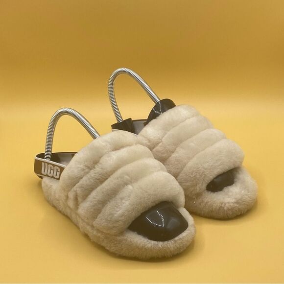 UGG Cream Slippers with Fluffy Upper and Slingback Strap - Picture 1 of 4